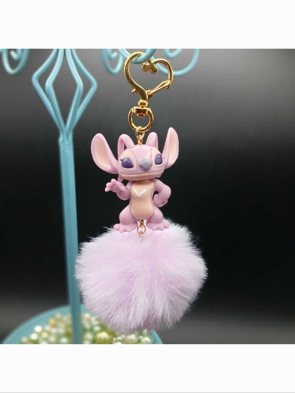 Handmade Custom Stitch Angel Pink Figure Pom Pom Heart Shape Keychain Bag Charm